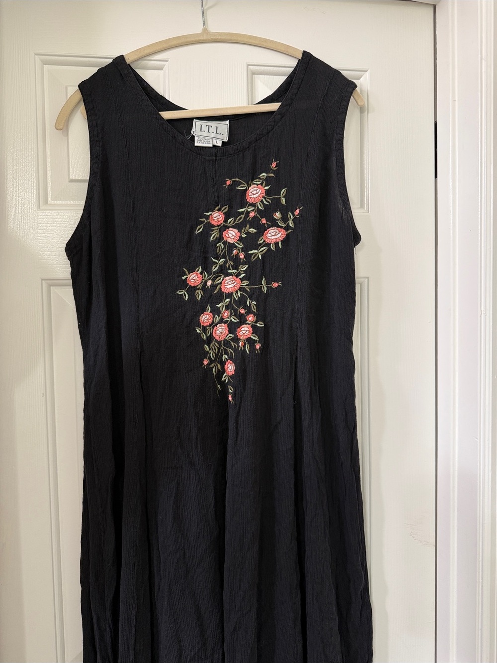 I.T.L. Black Sleeveless Maxi Dress with Peach Rose Embroidery Panel - Large